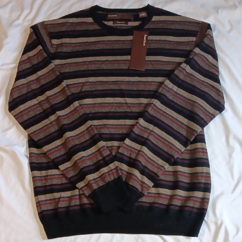 NWT Mens Perry Ellis 100% Merino Wool Striped Crew Neck Long Sleeve Sweater